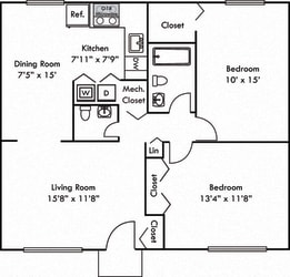 The Cottonwood. 2 bedroom apartment. Kitchen open to living/dinning room. 1 full bathroom + powder room. large closets. Patio/balcony.