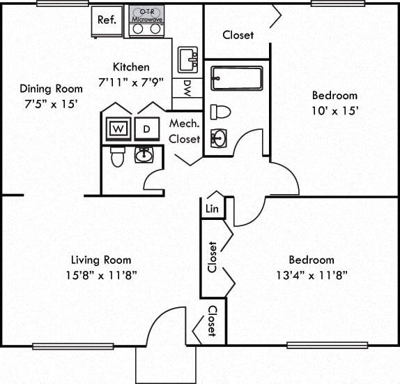 The Cottonwood. 2 bedroom apartment. Kitchen open to living/dinning room. 1 full bathroom + powder room. large closets. Patio/balcony.