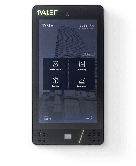 A tablet displaying the Ivalet logo and various options such as Facial Entry, Directory, Courier, and Concierge.