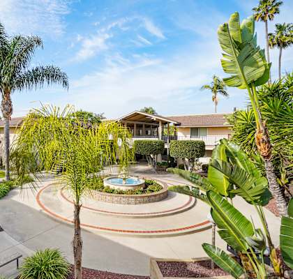 A beautifully landscaped garden with a fountain at its center.