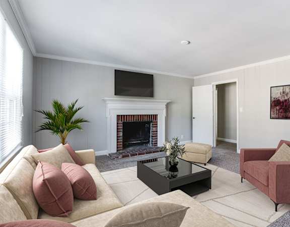 a living room filled with furniture and a fireplace at The Mason Mills Apartments, Georgia, 30033
