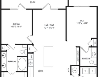 1 bedroom, 1.5 bath plus den floorplan. entry hanging nook. l-shaped kitchen with island and pantry. large butlers pantry. open to living/dining. Double sink vanity. Balcony access from bedroom. w/d.