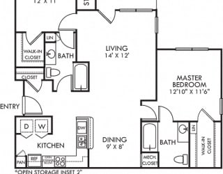 Hickory. 2 bedroom apartment. Kitchen with bartop open to living/dinning rooms. 2 full bathrooms. Walk-in closets. Patio/balcony with storage.