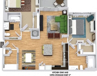 Osprey 3D. 2 bedroom apartment. Kitchen with island open to living/dinning rooms. 2 full bathroom. Walk-in closets. Patio/balcony.