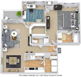 Ashley 3D. 1 bedroom apartment + Den. Kitchen with bartop open to living/dinning rooms. Fireplace. 1 full bathroom + powder room. Walk-in closet. Patio/balcony.