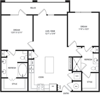 2 bedroom, 2 bath floorplan. entry nook with hooks. L-shaped kitchen with island and pantry. Open to Living/dining area. Double sink vanity in primary bath. Standalone shower in guest. Both with W.I.C
