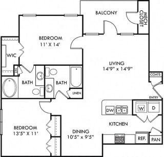 Driskill 2 bedroom apartment. Kitchen with bartop open to living room. Dining area. 2 full bathrooms. Walk-in closet in master. Closet in second bedroom. Patio/balcony.