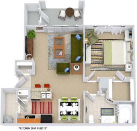 Avon 3D. 1 bedroom apartment. Kitchen with bartop open to living/dining rooms. 1 full bathroom. Walk-in closet. Patio/balcony.