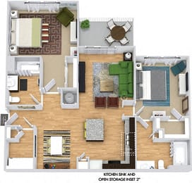 Osprey 3D. 2 bedroom apartment. Kitchen with island open to living/dinning rooms. 2 full bathroom. Walk-in closets. Patio/balcony.