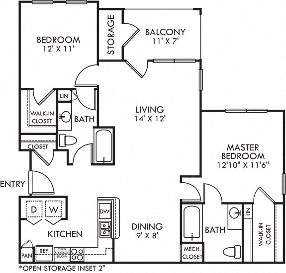 Hickory. 2 bedroom apartment. Kitchen with bartop open to living/dinning rooms. 2 full bathrooms. Walk-in closets. Patio/balcony with storage.