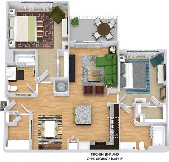 Osprey 3D. 2 bedroom apartment. Kitchen with island open to living/dinning rooms. 2 full bathroom. Walk-in closets. Patio/balcony.