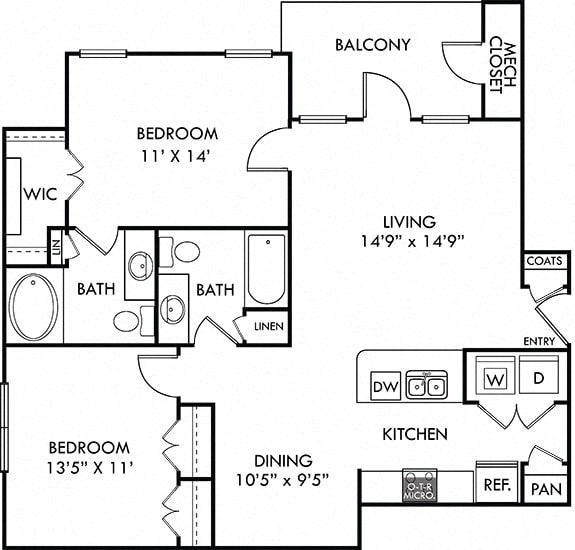 Driskill 2 bedroom apartment. Kitchen with bartop open to living room. Dining area. 2 full bathrooms. Walk-in closet in master. Closet in second bedroom. Patio/balcony.