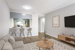 A living room with a grey couch, a wooden coffee table, and a kitchen area in the background.