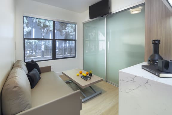 a frosted glass partition separates the living room from the kitchen