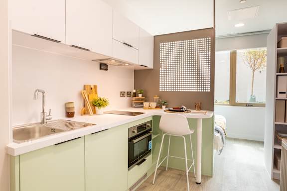 a small apartment with a bed and a kitchen and a dining table
