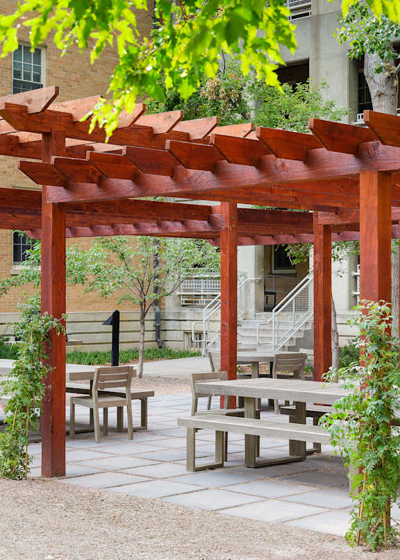 A wooden pergola with benches and tables is surrounded by greenery.
