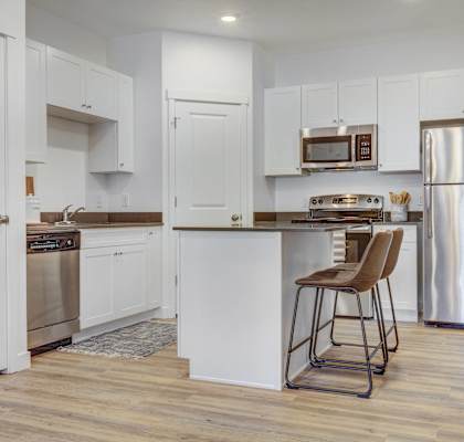 a kitchen with white cabinets and stainless steel appliances