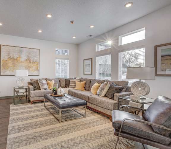 a living room with a couch and a coffee table