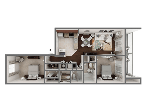 A dollhouse with a kitchen, living room, and bedrooms.