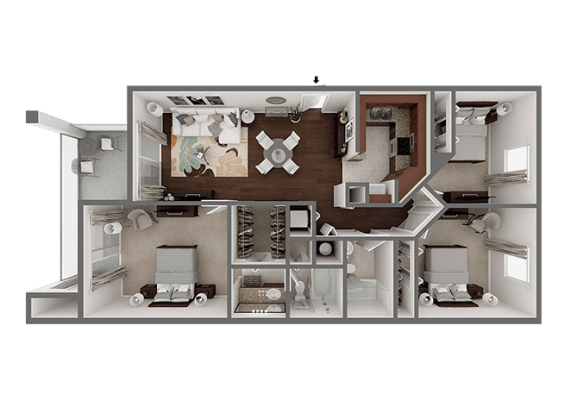 A 3D rendered image of a house layout.
