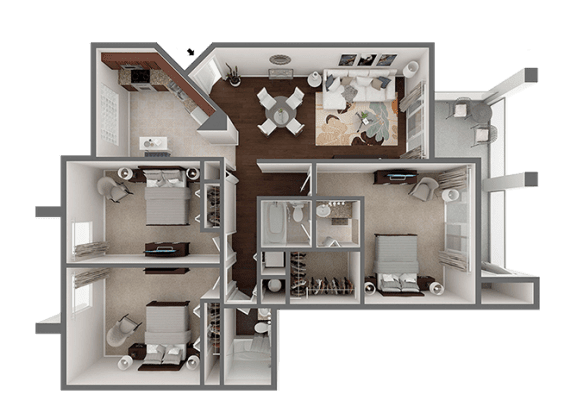 A 3D floor plan of a house with a kitchen, living room, and two bedrooms.