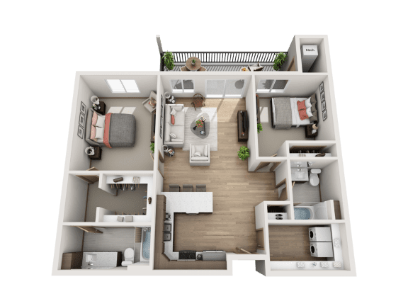 A 3D floor plan of a house with multiple rooms and furniture.