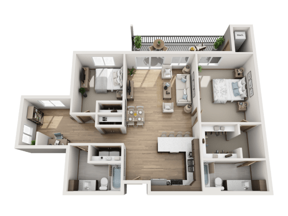 A 3D floor plan of a house with multiple rooms and furniture.