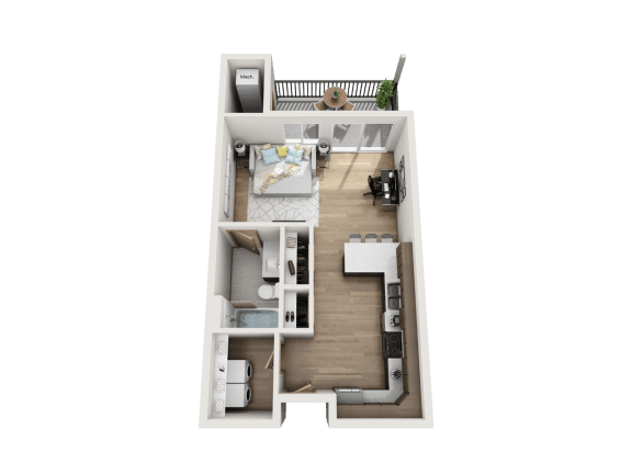 A 3D floor plan of a small apartment with a bedroom, living room, and kitchen.
