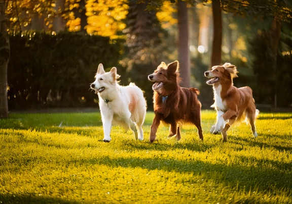 Three dogs running in a grassy field.