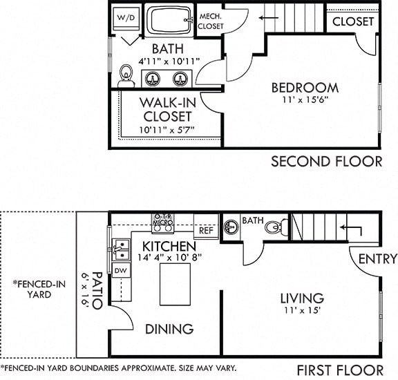 Caraway 1 bedroom townhome with yard. 1st floor eat-in kitchen-living-half bath. 2nd floor bedroom, full bath double vanity. Expansive walk-in closet. In-unit laundry