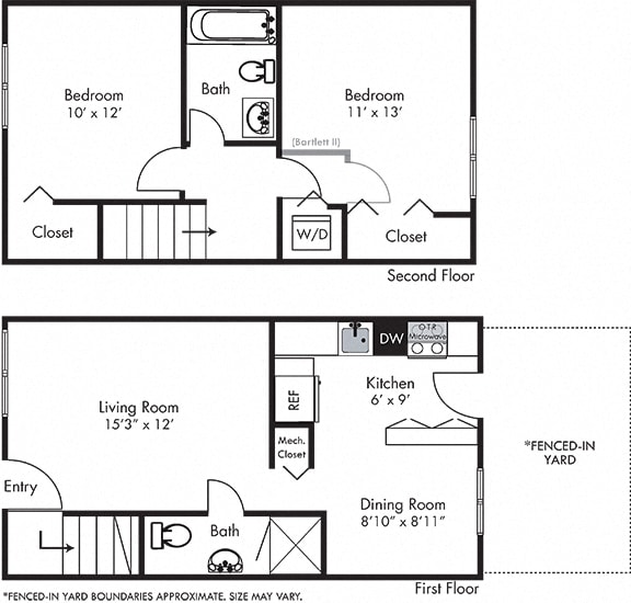 3D Bartlett 2 bedroom townhome with fenced-in yard. Living-dining-kitchen-half bath on first floor. Bedrooms and 1 full bath on second floor. in-unit laundry
