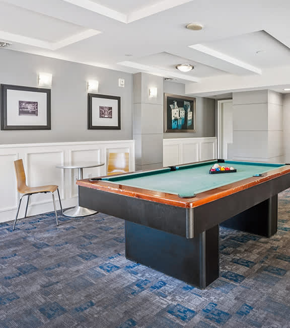 Game room billiards table at Haven at Del Mar Station Apartments in Pasadena CA
