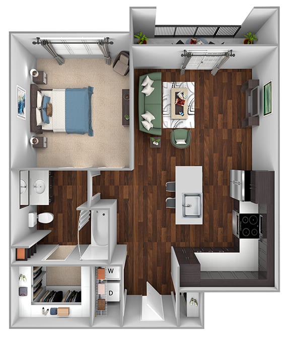 A1 - 1bed1bath - 750 sf - Debbie Lane Flats - 3D Floor Plan