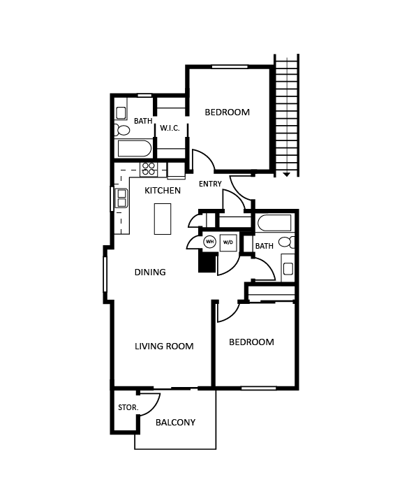 A floor plan of a house with a living room, dining room, kitchen, two bedrooms, a bathroom, and a balcony.
