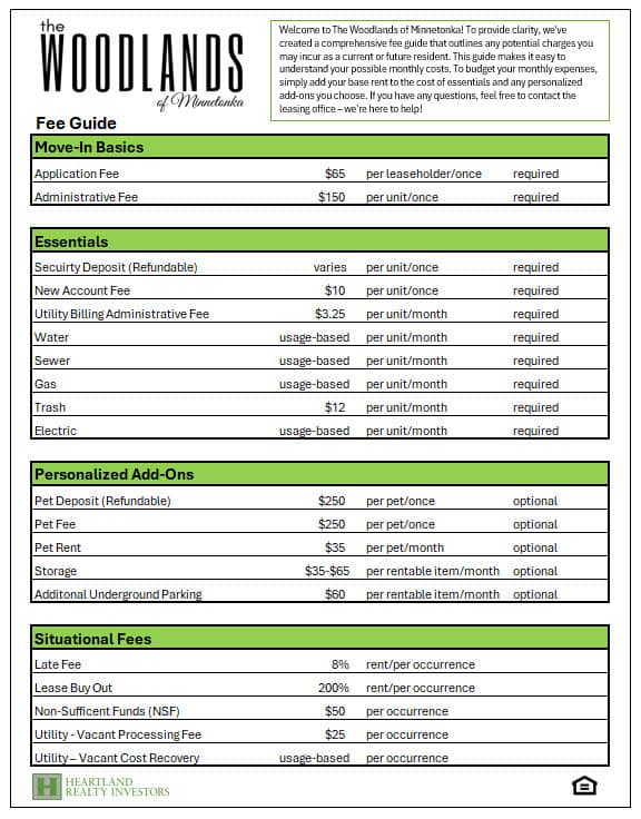 A fee guide for The Woodlands of Montenekal includes move-in basics, essentials, personalized add-ons, and situational fees.