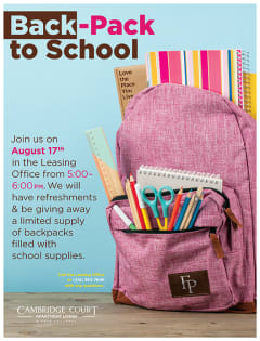 back to school poster with a pink backpack filled with school supplies
