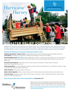 a brochure for disaster relief donations with a picture of people on a dump truck