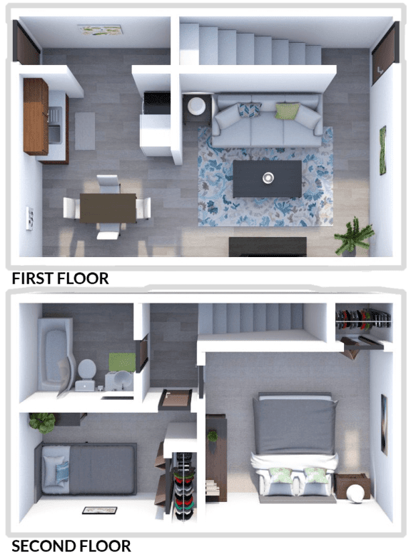 a 3d rendering of a bedroom with a living room and a dining room