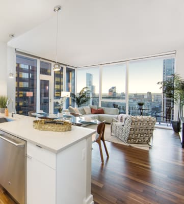 Penthouse open ktichen and living room with floor to ceiling windows showing views of Center city Philadelphia. Stainless Steel appliances, quartz countertops and hardwood floors.