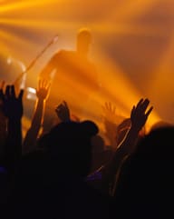 a crowd of people with their hands in the air at a concert
