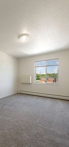 A room with a carpeted floor and a window.