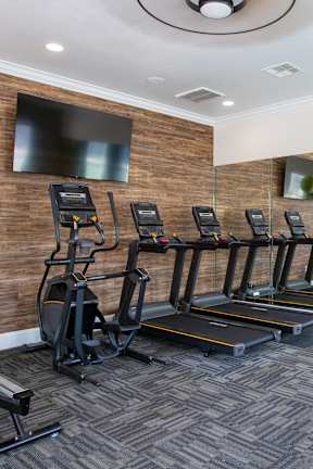 A gym with a variety of equipment including treadmills, stationary bikes, and weight machines.