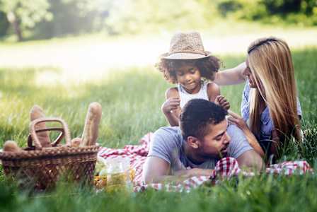 a family laying on a picnic blanket in the grass