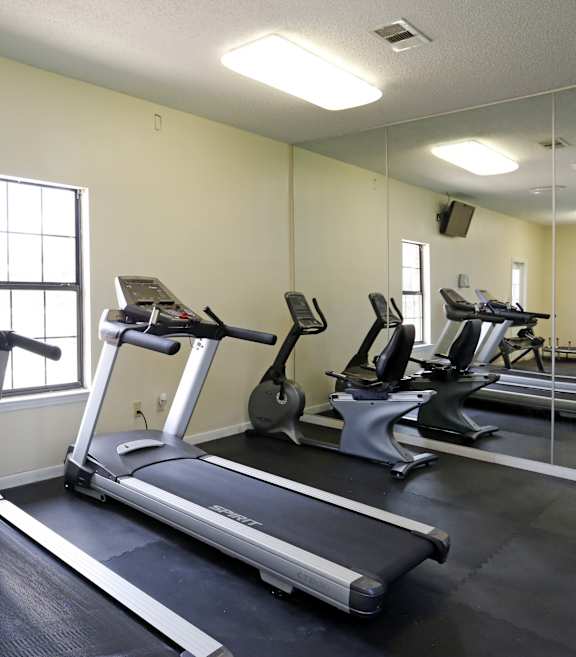 A gym with treadmills and elliptical machines.