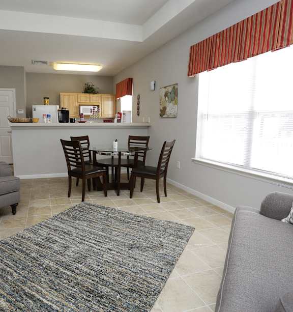 A living room with a grey couch and a rug.