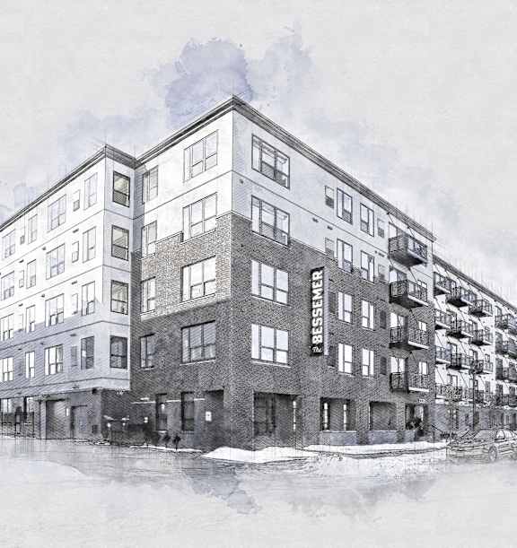 A sketch of a multi-story building with the word at The Bessemer at Seward Commons Apartments, Minneapolis, MN,  55404