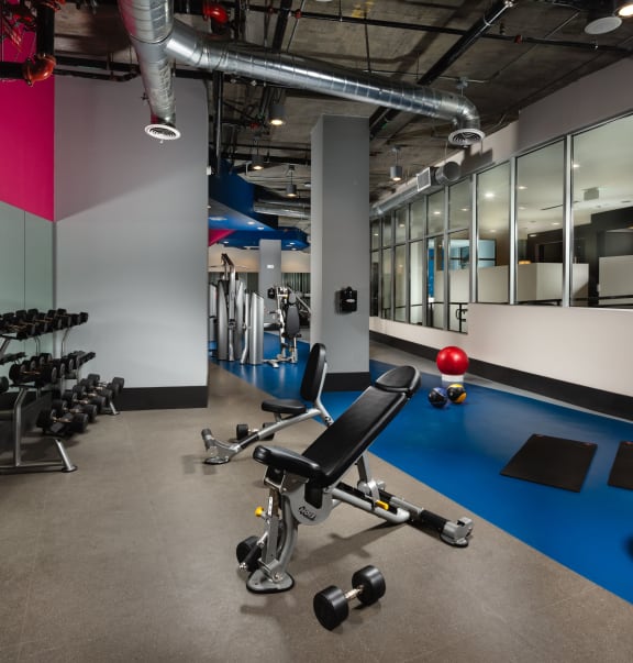 topaz fitness center with weights at Topaz Apartments, Los Angeles, CA, 90013