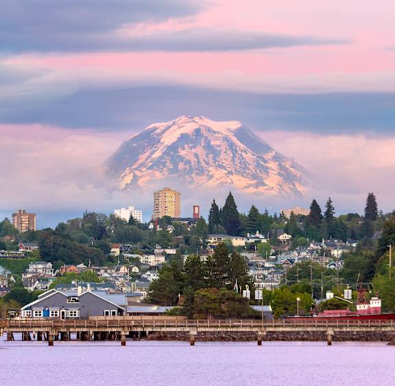 A cityscape with a large mountain in the background.
