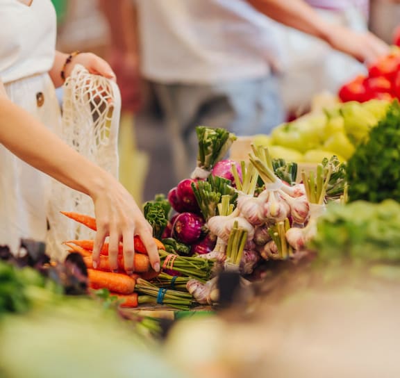 a group of people standing around a bunch of fruits and vegetables