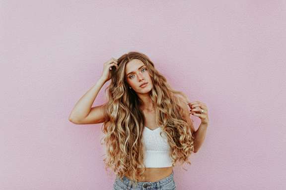a portrait of a woman with long blonde hair and a white tank top and jeans